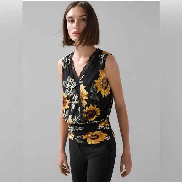 WHBM Lace Trim Surplice Sunflower Bouquet Blouse Sleeveless Black Size S NWT - Picture 1 of 10